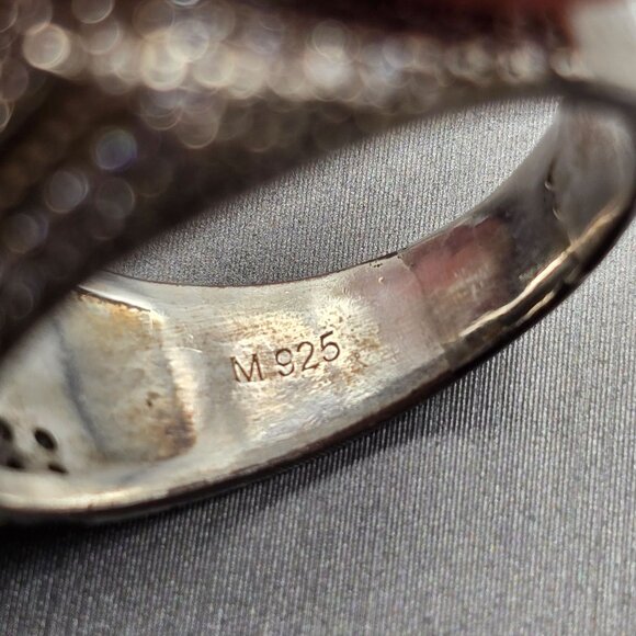 Unisex Sterling Silver & Clear Rhinestone Statement Ring Size 9 Signed M 9.72g - Picture 9 of 11